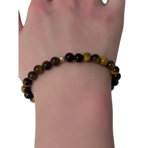 Gemstones Tiger's Eye 6mm Stretchable Bracelet 14k Gold Polished Bead Charm - Picture 2 of 5